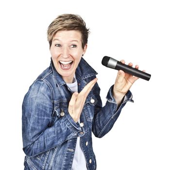 An image of a beautiful smiling women with a microphone