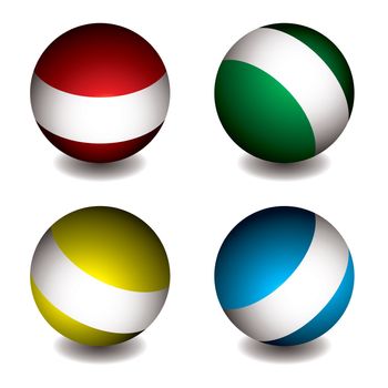 Collection of four colourful round orbs with shadow and white band