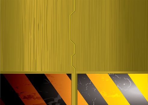 Abstract golden space ship sliding door with warning banner background