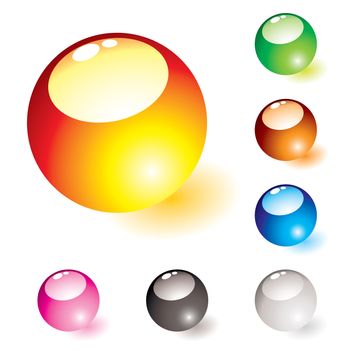 Collection of seven glass marbles with light reflection and shadow