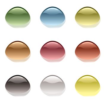 Collection of nine water droplets with colour variations and drop shadow