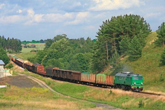 Rural summer landscape with freight train hauled by the diesel locomotive running through the countryside