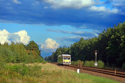 Light railbus passing the forest with colorful sky over