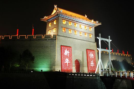 Night scenes of the ancient city wall of Xian China