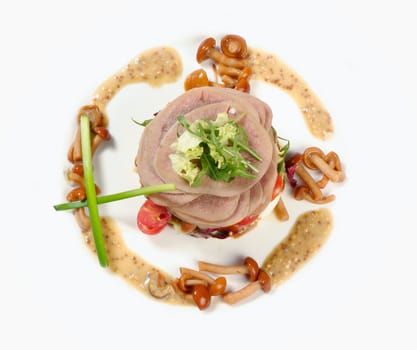 Smoked tongue served with mushrooms and tomatoes isolated on white