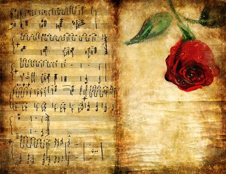 artistic retro background with musical page and rose