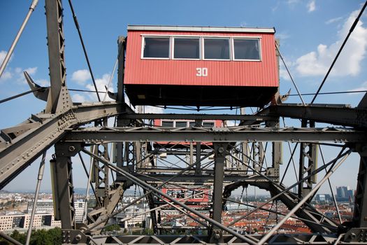 Gondola of large ferris observation wheel in Prater amusement park in Vienna, Austria