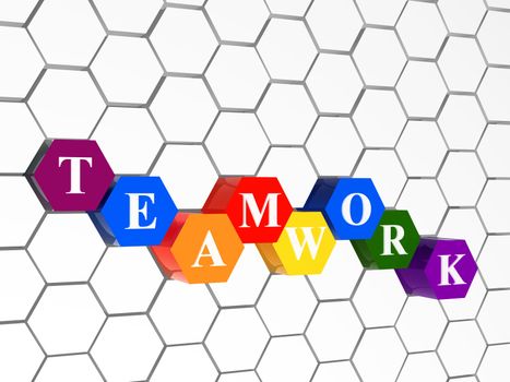 3d colour cubes hexahedrons with white letters - teamwork, word, text, in cellular structure