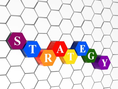 3d colour cubes hexahedrons with white letters - strategy, word, text, in cellular structure