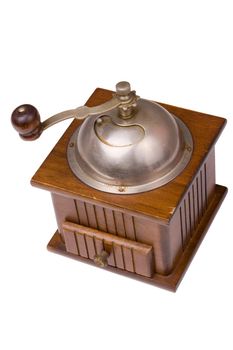 A composition of a coffee grinder on a white background