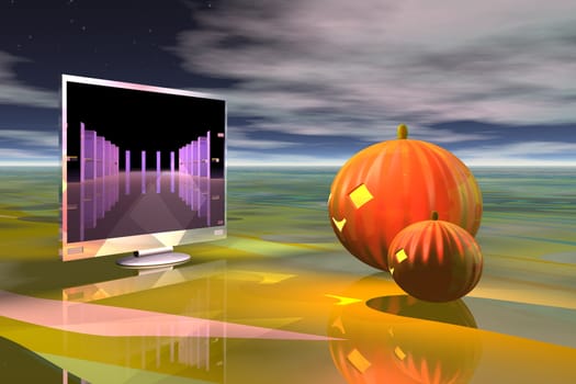 Big and little pumpkins view tv screen