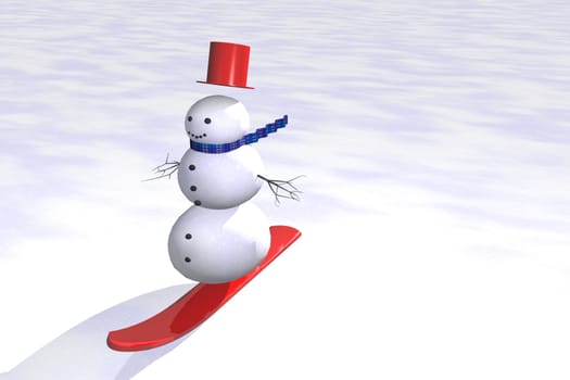Snowman with top hat rides on snowboard on ice