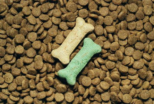 Dog food background with two bone shaped treats placed on top