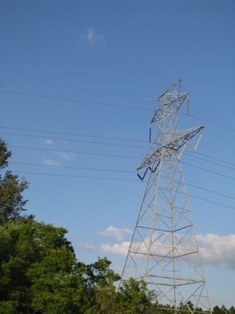 Power Transmission Tower is set against a blue sky framed by nearby trees with a cloud in the background.
