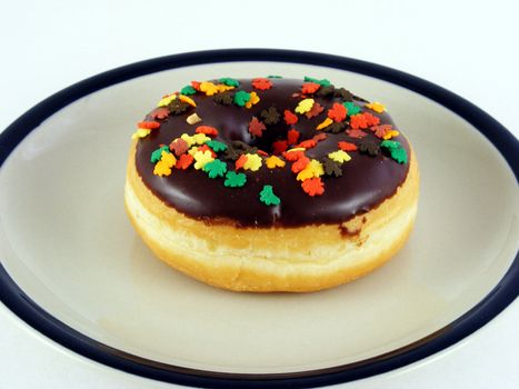 A chocolate iced donut with sprinkles on a plate.