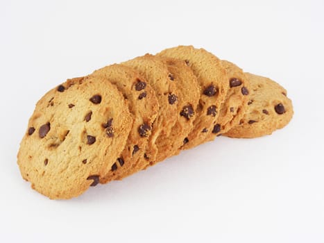 Chocolate chip cookies against an off-white background