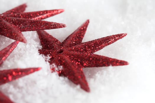 Red christmas stars lying in the snow