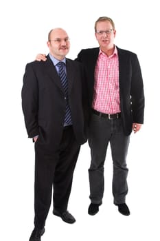 Two businessman standing next to each on white background