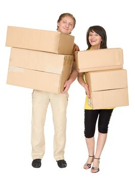 Woman and the man hold boxes with purchases