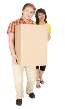 Woman and the man bear the big cardboard box