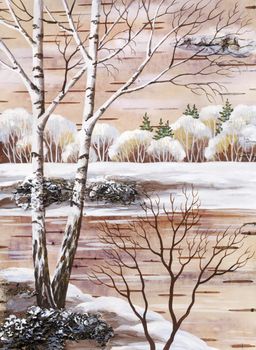 Picture, winter natural landscape. Handmade, drawing distemper on a birch bark