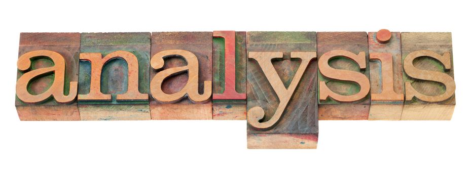 analysis word in vintage wooden letterpress printing blocks, stained by color inks, isolated on white