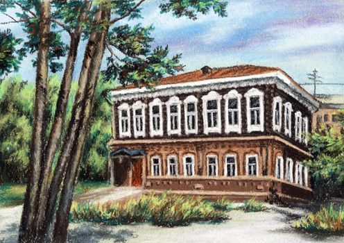 Picture, wooden ancient house, Russia, Siberia, Novosibirsk. Drawing a pastel on a cardboard