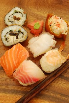 sushi meal with nigiris (salmon, swordfish, shrimp, octupus) and tofu/sardine rolls
