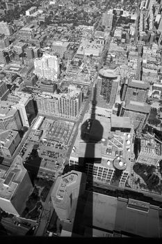 black and white photo of Toronto viewed from CN Tower, Tower shadow, Canada