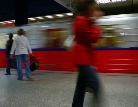 Metro arriving at station in Warsaw Poland