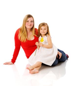 mother and daughter posing together isolated on white