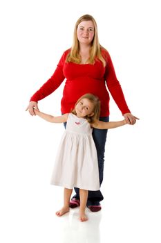 mother and daughter holding hands isolated on white