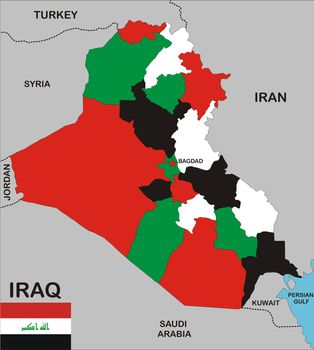 political map of iraq country with neighbors and national flag