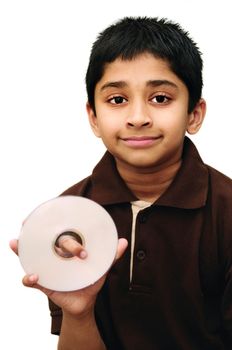 An hndsome Indian kid holding a disk representing data