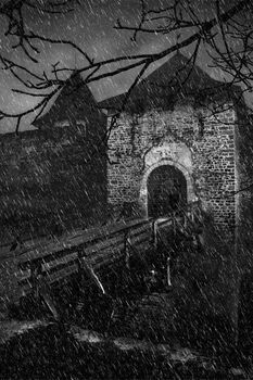 Scaring old castle in a storm weather