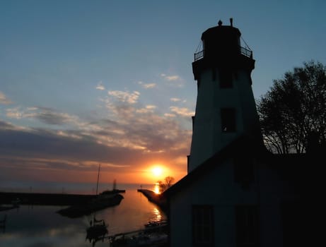 Kincardine Lighting House, a local landmark and historical building on sun set. Horisontal orientation. 