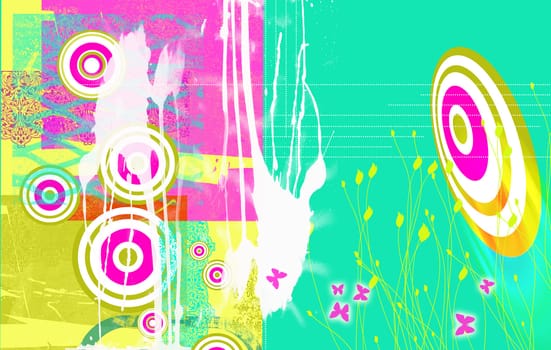 Bright Landscape format grunge styled background image, with dayglow pink and green circles, splashes,butterflies etc. Ideal web base background with space for copy etc.