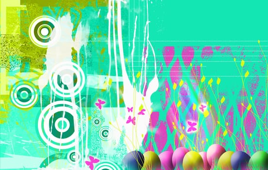 Bright Landscape format grunge styled background image, with easter eggs. Ideal web base background with space for copy etc.