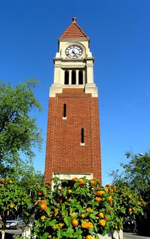 Old clock tower in the center of Niagara on the Lake, a very beautiful and historical town. It is situated where the Niagara River is going into the Ontario Lake. 