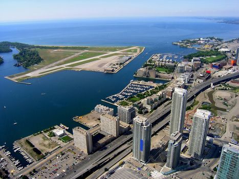 Toronto Island Airport and QEW expressway aerial view. 