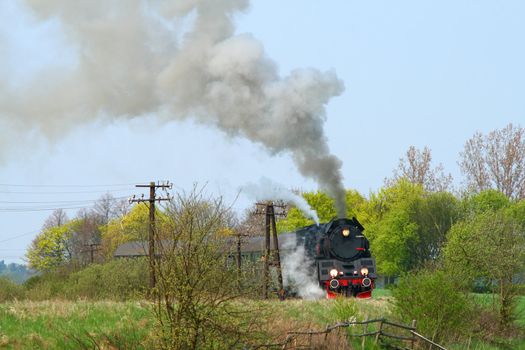 Steam retro train passing the village