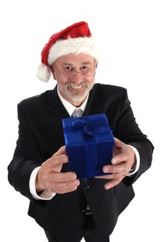 Senior Businessman with Christmas gift and Santa claus hat. 