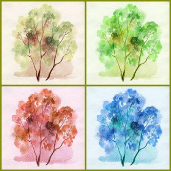 Picture, trees different colours: spring, summer, autumn, winter. Drawing a water colour on a cardboard