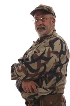 An old hunter holding a knife.