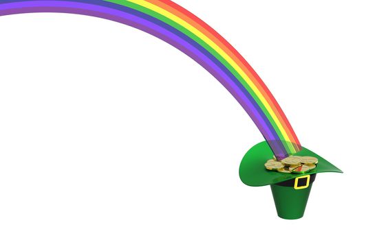 Hat full of gold coins at the end of rainbow