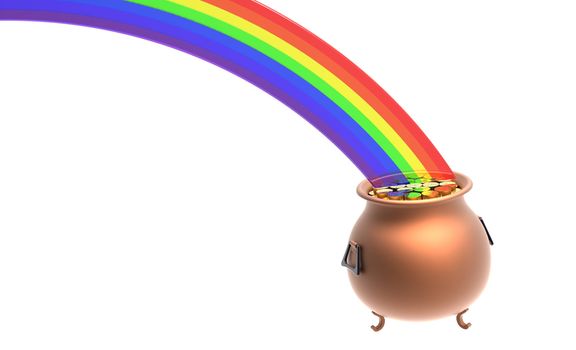 Copper pot full of gold coins at the end of rainbow
