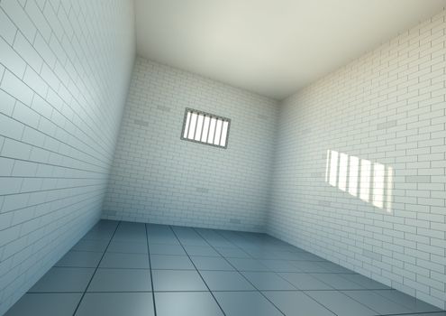 Empty prison cell, wide angle view. 3D rendered image.