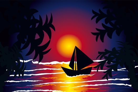 sea sunset with a boat and palm trees
