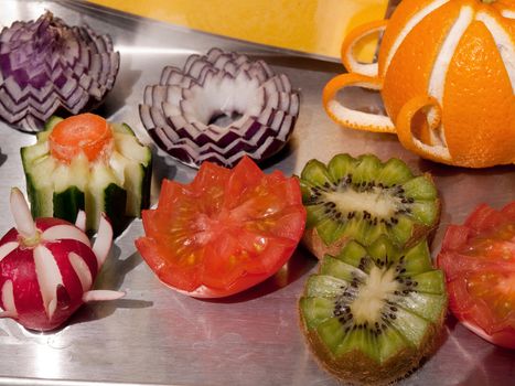 Catering display of various vegetables garnish sculpture buffet