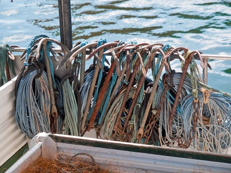 Anchors, ropes and fishing nets on a trawler